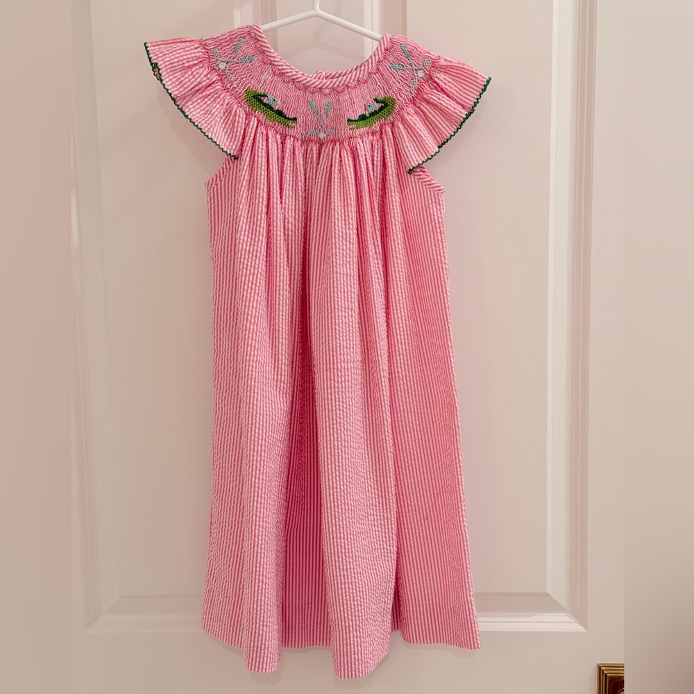 Shrimp & Grits Kids - Smocked Seersucker Gator + Golf Dress - Size 4T 🐊⛳️